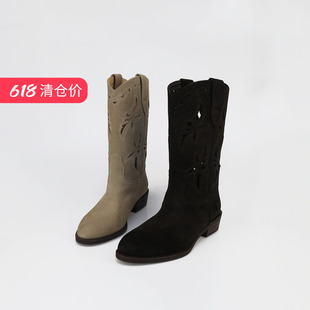 特价II可媚秋款圆头牛猄皮打孔粗中跟拼色套筒中筒靴KC25931-209