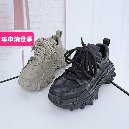 可媚秋冬款闪钻系带松糕底老爹鞋