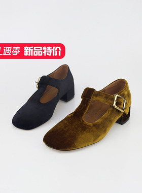 可媚2025新秋款圆头丝绒布丁字式扣带粗跟玛丽珍单鞋女KC25834-65
