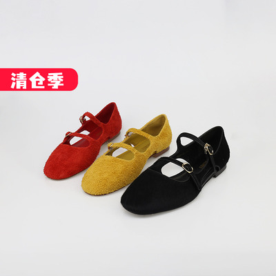 可媚圆头马毛侧空扣带玛丽珍鞋女