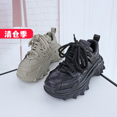 可媚秋冬款闪钻系带松糕底老爹鞋