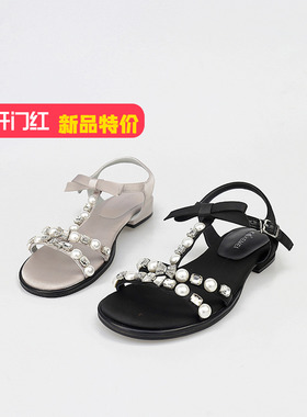 可媚2025新夏款真丝布水钻丁字式脚腕绊带露趾凉鞋女KB25641-385