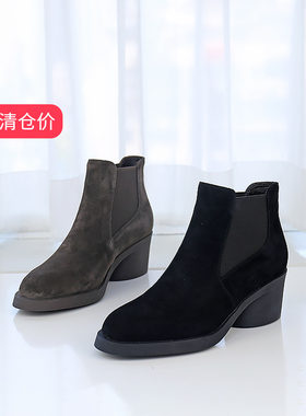 可媚圆头羊猄皮粗中跟松紧带短靴