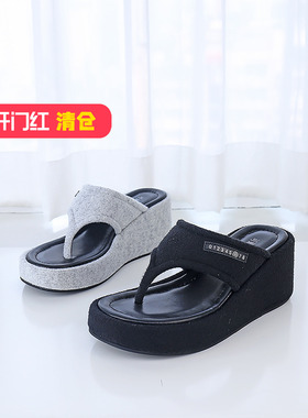 特价II可媚正品夏款布面坡跟拼色防水台夹板人字拖鞋女KB24317-91