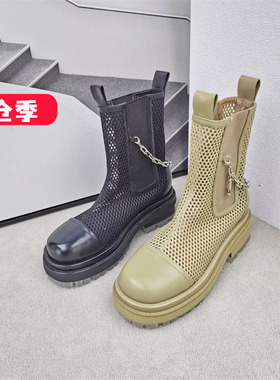 清仓‖可媚正品春圆头胎牛皮网面金属链子厚底马丁靴女KA22646-21