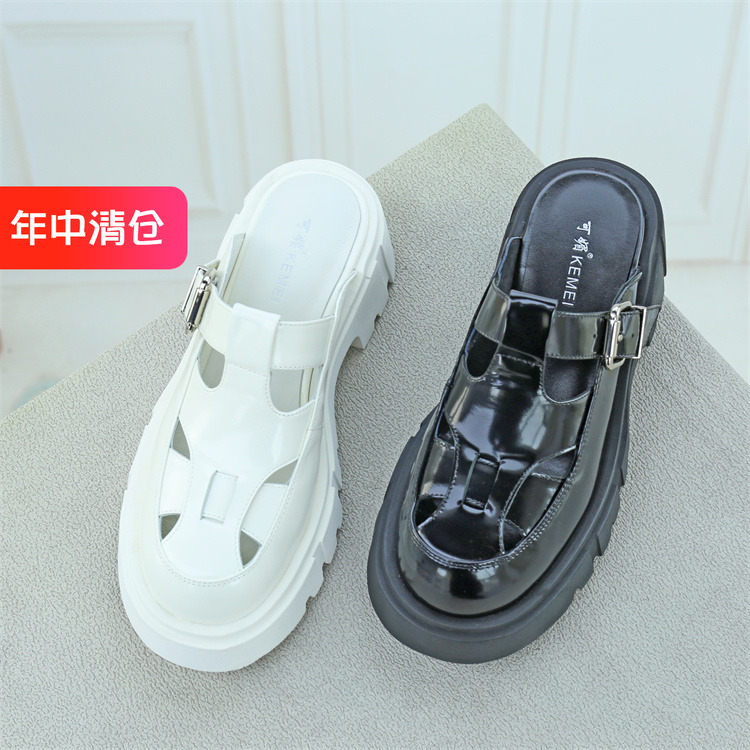 清仓II可媚正品夏款开边珠牛皮皮带扣防滑厚底包头拖KB23657-381