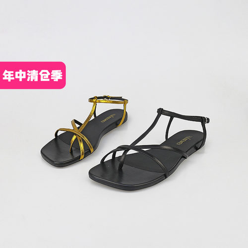 可媚套趾胎牛皮轿车绑带罗马凉鞋