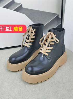 清仓‖可媚正品冬款圆头小牛皮防水台系带拼色马丁靴女KC22970-09