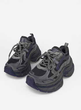 可媚2025新冬款圆头做旧擦色牛皮网面绒里系带老爹鞋女KC25982-93