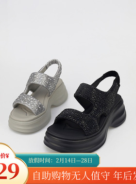 可媚2025新夏款牛反绒闪钻厚底脚腕绊带高跟露趾凉鞋女KB25677-62