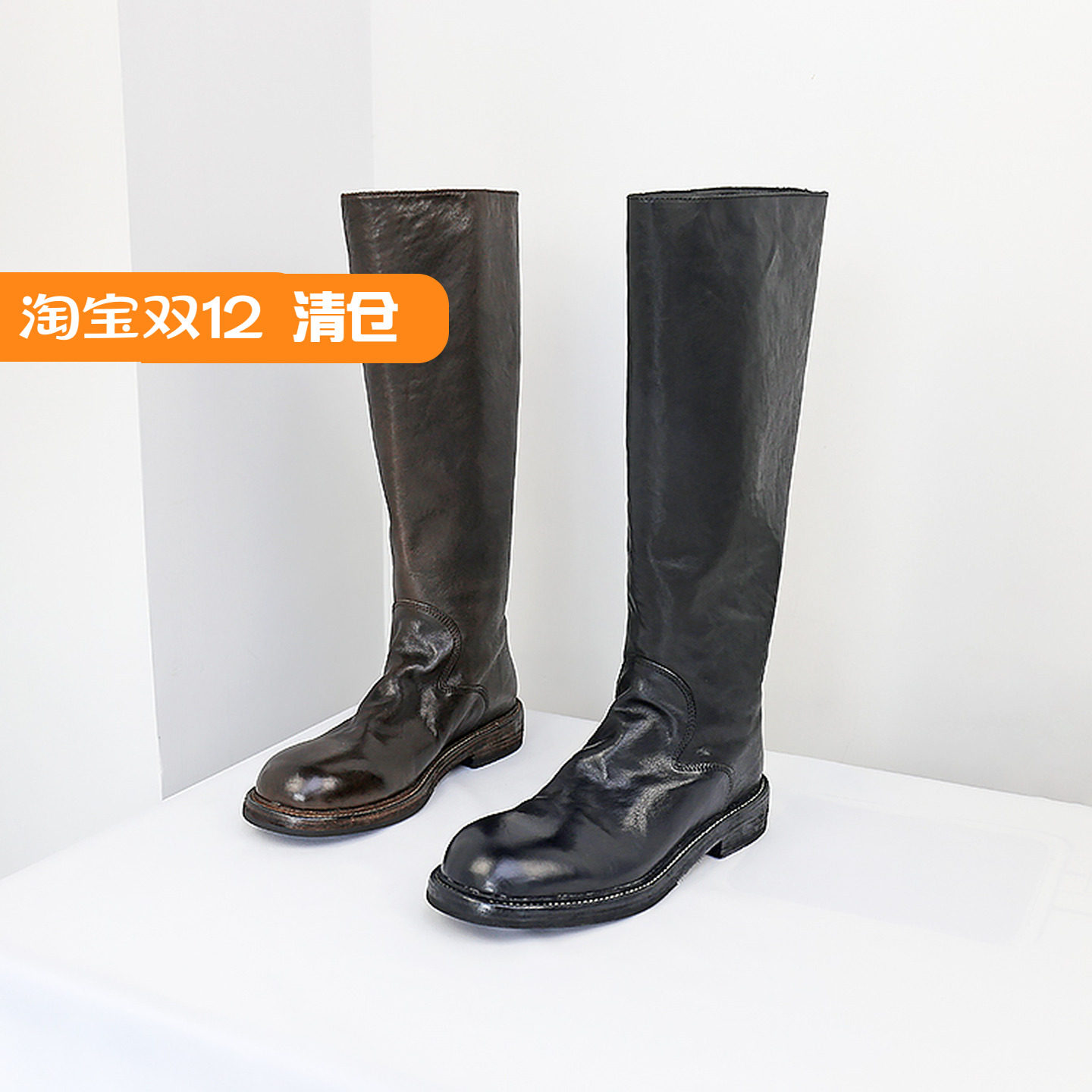 可媚小牛皮防水台后拉链高筒靴女