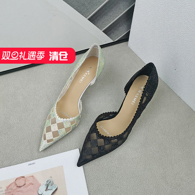 可媚2022春尖头水钻细高跟单鞋