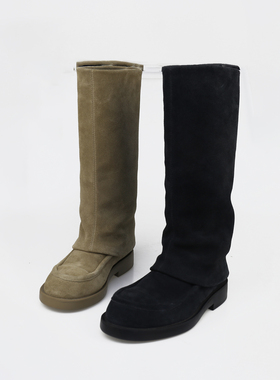 可媚2025新冬款圆头牛猄皮烟筒靴防水台车缝线高筒靴KC25901-203