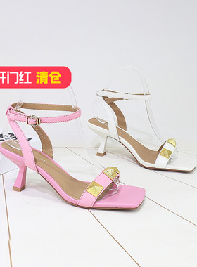 清仓‖可媚夏款羊皮露趾铆钉脚环绑带细高跟方头凉鞋KB21281-308