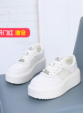 特价II可媚夏款圆头贴面牛皮网面松糕底系带休闲鞋女KB24321-146