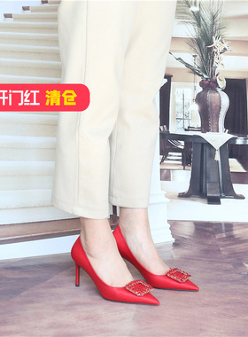 清仓‖可媚正品春款尖头真丝布牛皮水钻红色婚鞋高跟鞋KA2113-20