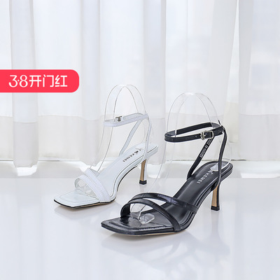 露趾方头细高跟凉鞋可媚牛皮女鞋