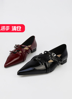 可媚2025新春款尖头牛漆皮交叉扣带酒红色玛丽珍鞋女KA25312-316