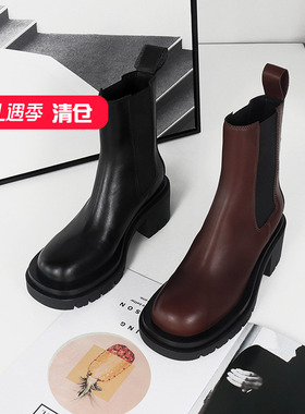 清仓‖可媚正品冬款圆头牛皮松紧厚底粗高跟防滑马丁靴KC21864-96