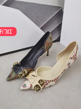 清仓‖可媚春款尖头布面羊皮蝴蝶结铆钉细高跟单鞋女KA22621-187