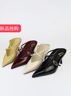可媚2026新春款尖头牛漆皮交叉绑带细高跟后空单鞋女KA26326-305