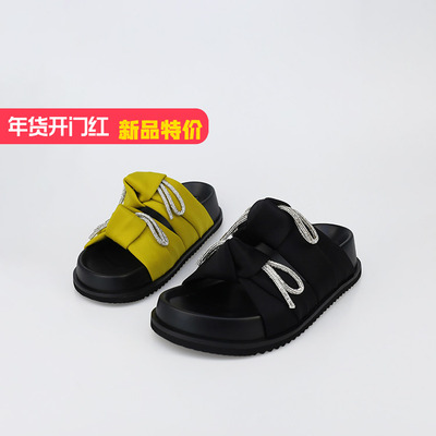 可媚莱卡布拼色串珠松糕底拖鞋女