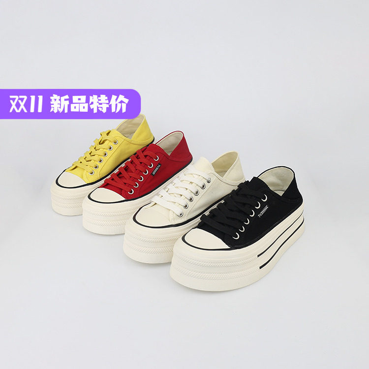 可媚2025新夏款圆头帆布拼色厚底小白鞋子系带休闲女鞋KB25684-76