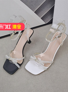 清仓‖可媚正品夏款珍珠条亮片珠细高跟脚腕绊带凉鞋女KB22818-06