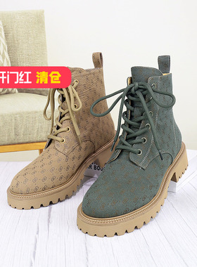 清仓‖可媚正品冬款圆头碎花进口布防滑马丁靴系带短靴KC20984-71