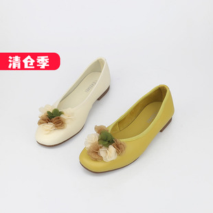 特价 羊皮圆头拼色花饰百搭低跟真皮单鞋 女KC25804 II可媚早秋款