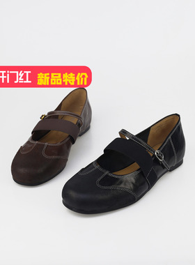 可媚2025新秋款圆头油蜡牛皮车缝线一字扣带玛丽珍鞋女KC25830-91