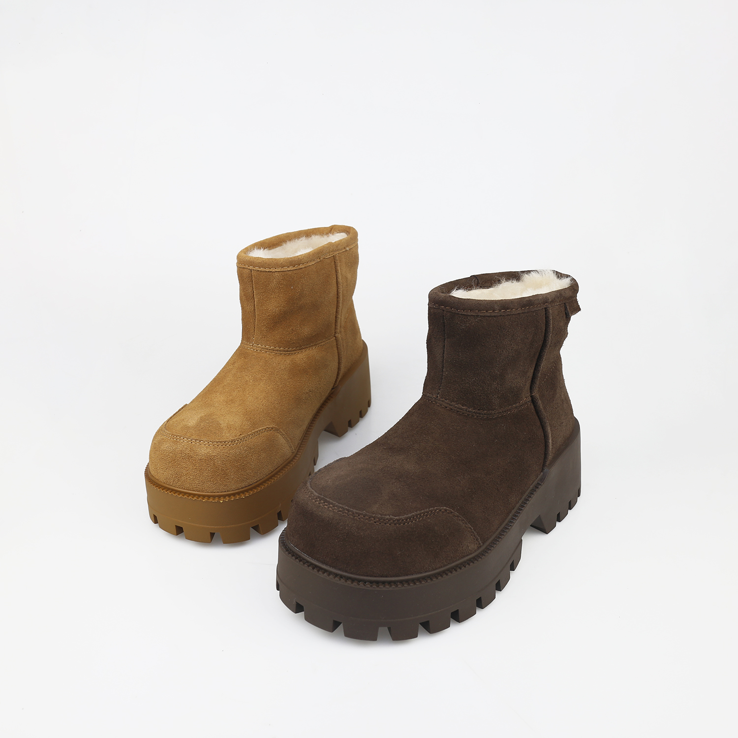 可媚圆头牛反绒厚底毛绒里雪地靴