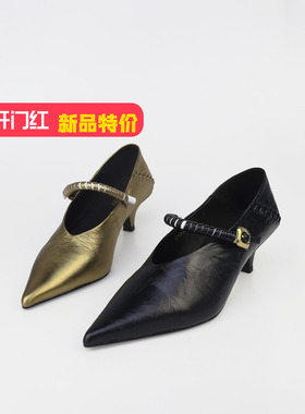可媚2025新秋款尖头金色哑光羊皮细中跟玛丽珍单鞋女KC25818-309