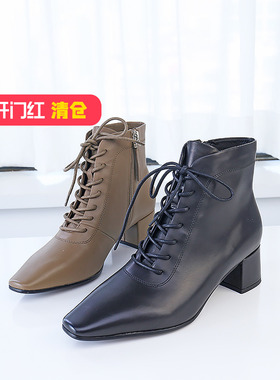 清仓II可媚秋冬款小方头胎牛皮前系带粗中跟时装短靴KC23915-162