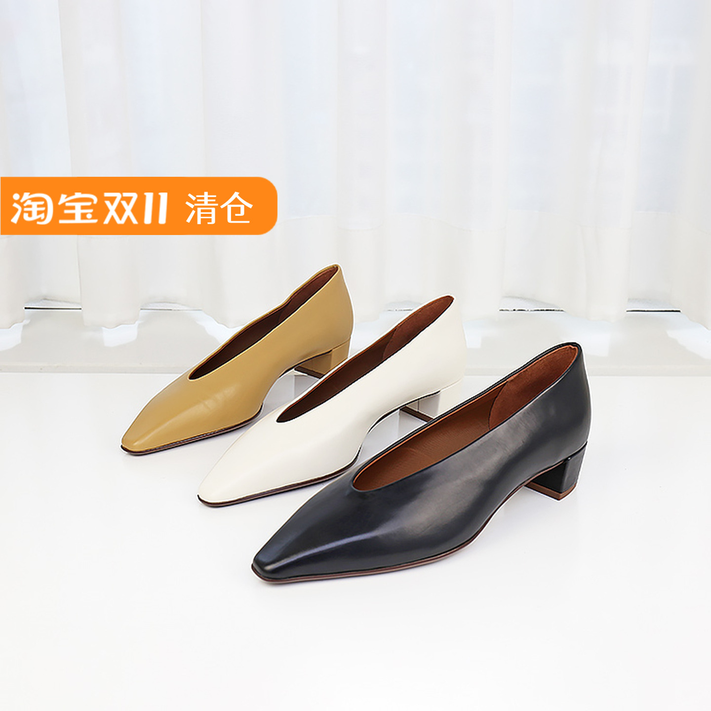 尖头单鞋可媚2024春粗中跟简约