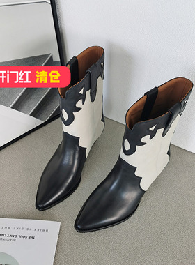 清仓‖可媚正品年冬款尖头牛皮拼色森女全真皮中筒靴女KC21869-89