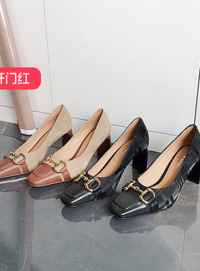 清仓‖可媚正品秋款方头胎牛皮格子布拼色高跟单鞋女KC21612-308