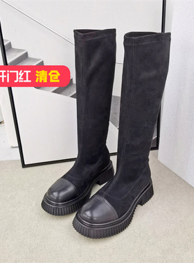 清仓‖可媚冬款圆头胎牛皮弹力绒拼接防水台高筒靴女KC22776-238