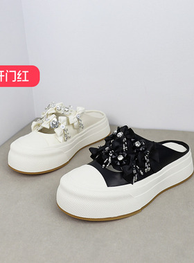 特价II可媚春款圆头牛皮松糕厚底闪钻花饰中空包头拖鞋KA25353-15