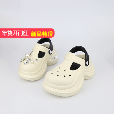 可媚包头EVA厚底拼色闪钻洞洞鞋