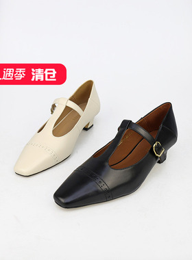 可媚正品2025新春款尖头胎牛皮丁字式扣带细中跟单鞋KA25371-125