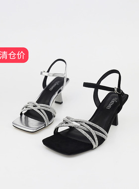 特价II可媚夏款羊猄皮水钻细带组合细高跟露趾凉鞋女KB25625-205