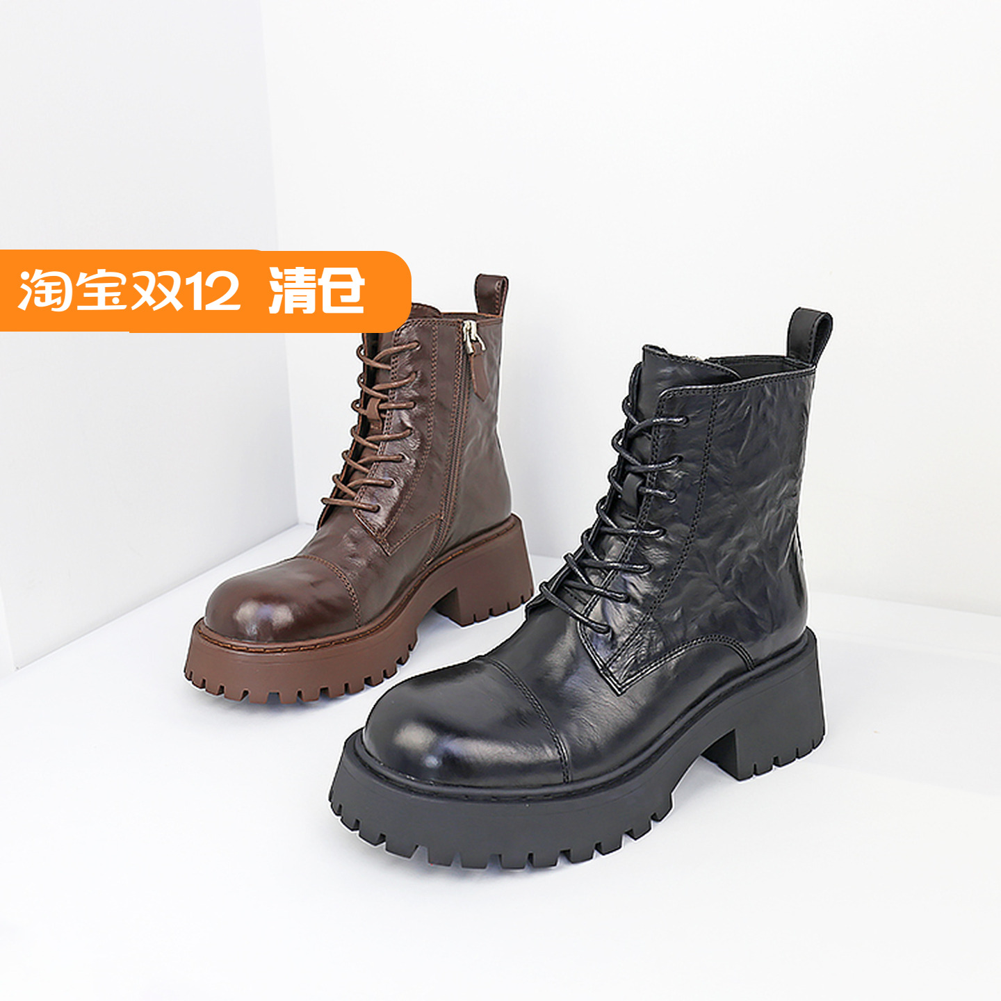 可媚圆头胎牛皮大头靴系带马丁靴