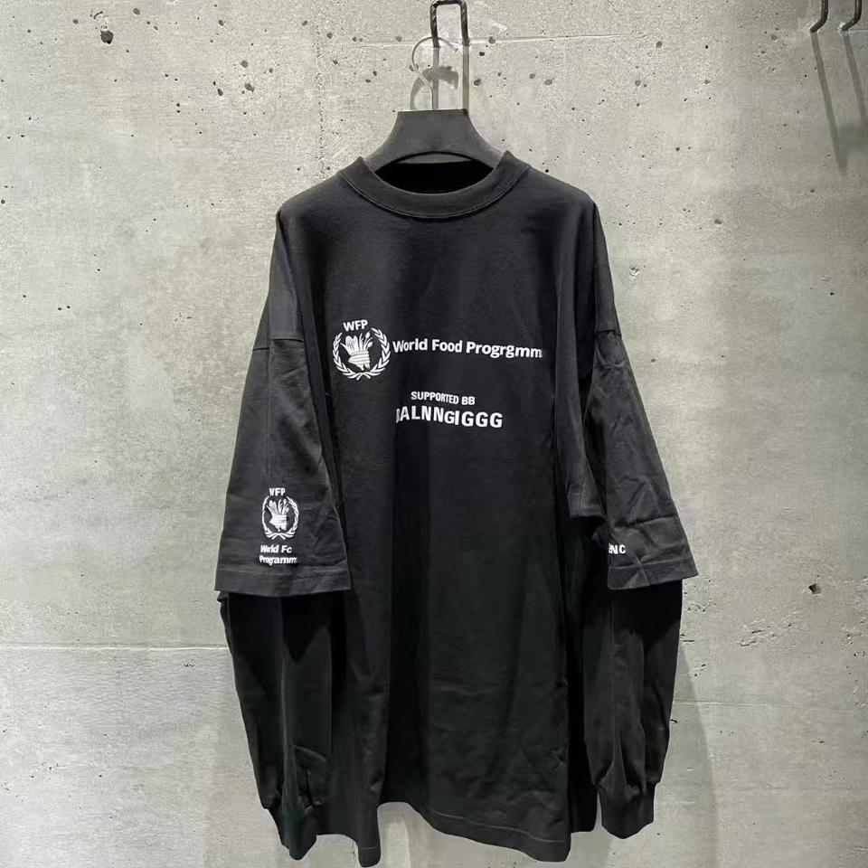 天花板!巴黎风潮牌粮食联名发泡印花假两件宽松长袖t恤男女情侣