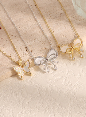 项链女跨境网红潮饰品个性设计感锆石小众欧美简约镶钻蝴蝶结项链