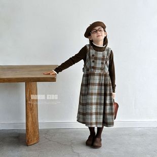 嗒囜【文艺复兴】女童秋冬装宽松大摆裙子格子复古毛呢背心连衣裙
