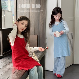 嗒囜【春季叠穿密码】羊毛混纺 春款镂空女童针织吊带背心连衣裙