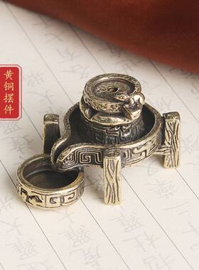 仿古黄铜老鼠推石磨香插摆件左右逢源创意香炉古玩茶宠老铜器