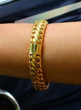 黄金色霸气古巴手链男三马鞭链粗大手链轻奢高级感实心送男友礼物