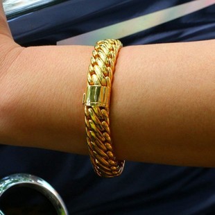 黄金色霸气古巴手链男三马鞭链粗大手链轻奢高级感实心送男友礼物